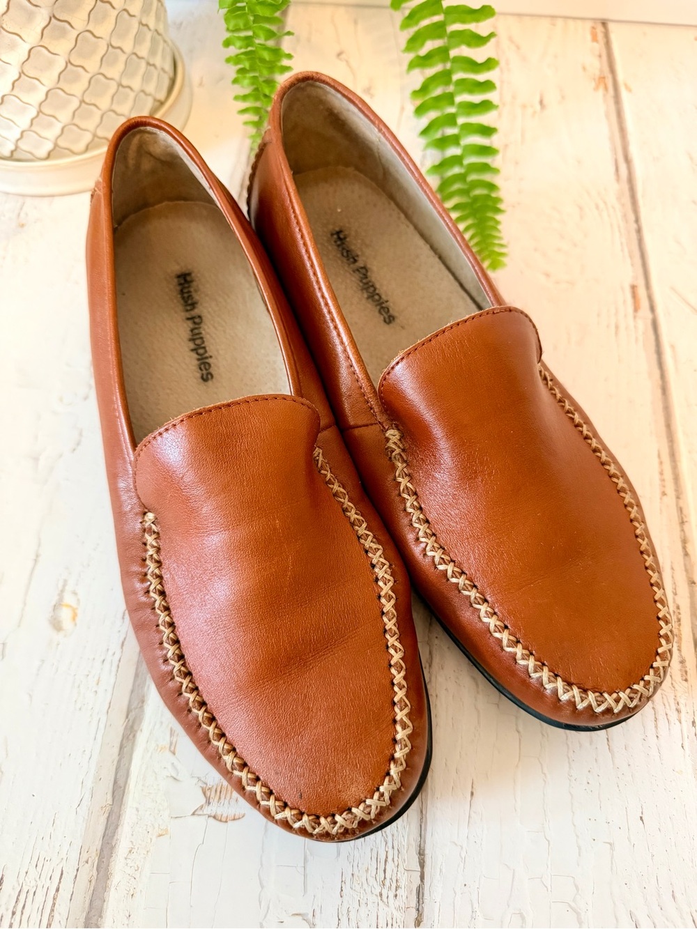 Hush Puppies Women's Tan Leather Slip-On Loafers